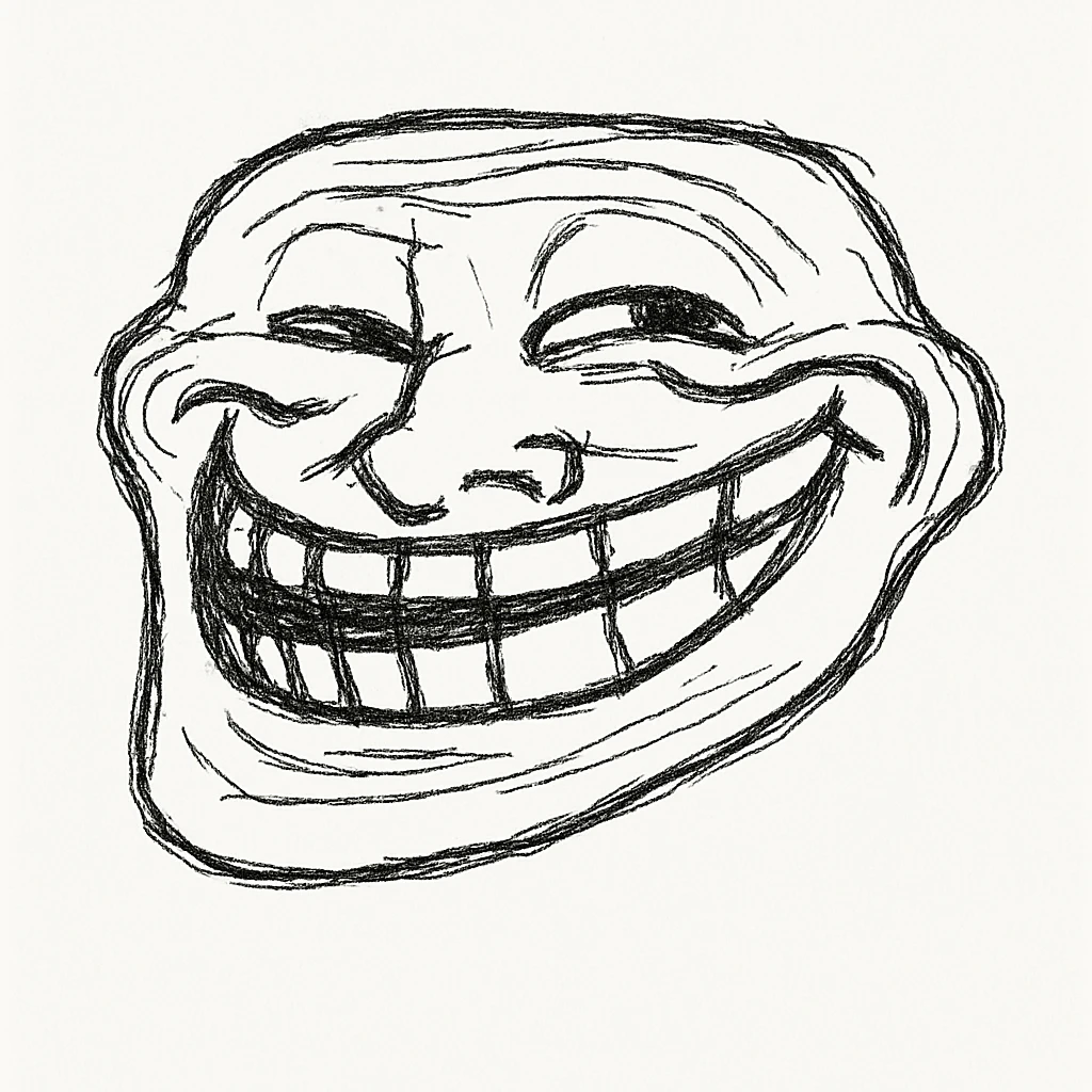 troll face, meme style, bold lines, exaggerated grin emoji