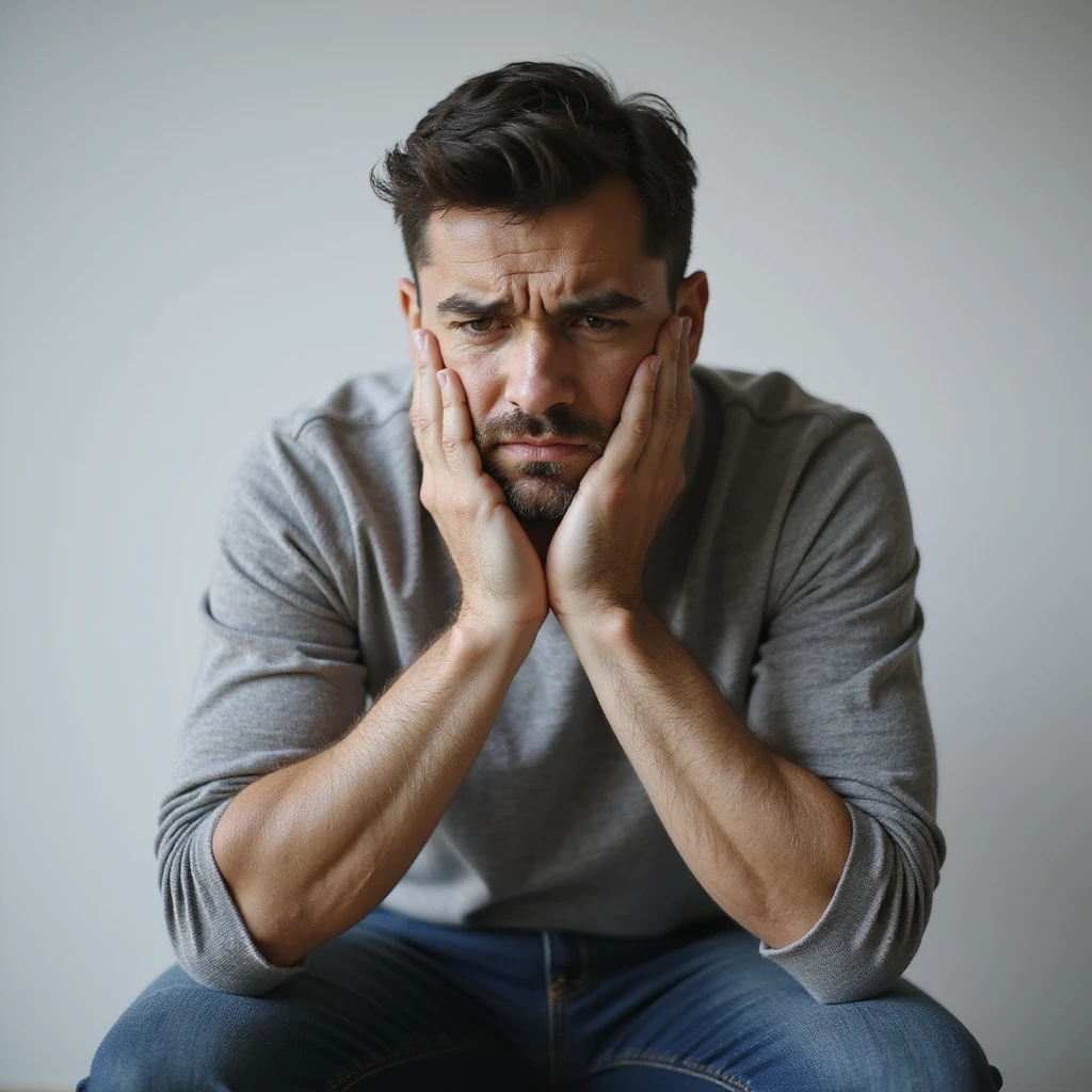 realistic 30-year-old man suffering from anxiety, sitting with knees to chest, worried expression, neutral background emoji