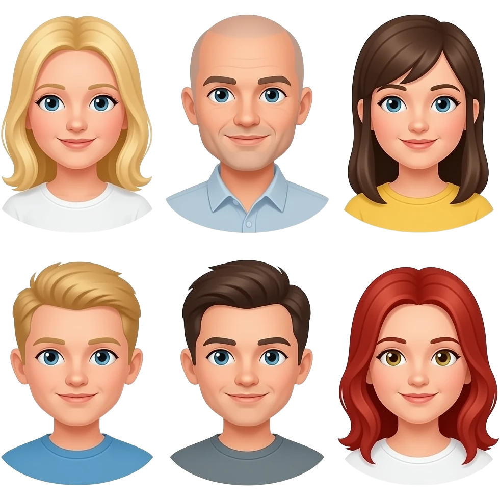 Blonde wife, bald husband, brunette daughter, blonde male kid, dark hair 3rd son, red head girl emoji