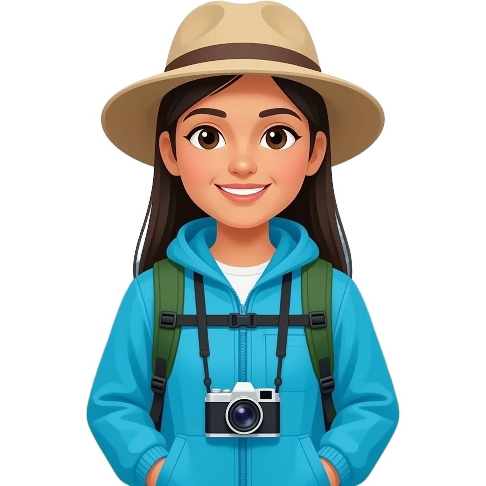 Indian girl backpacker with cyan blue jacket an dark geeen backpack, long straight hair with a khaki wide brim sun hat with a mountain and pine trees background and a camera around her neck emoji