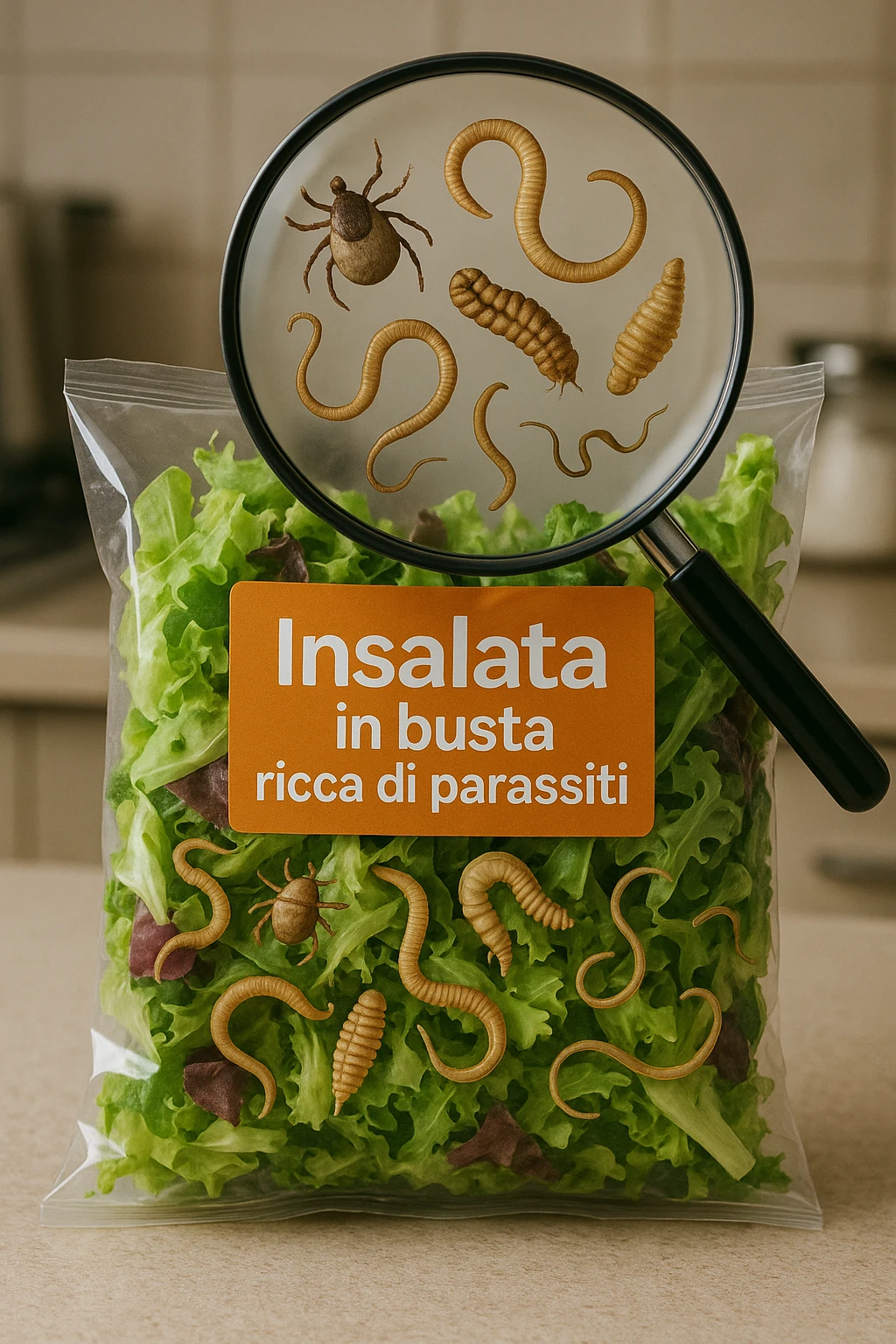 Insalata in busta ricca di pa transparent plastic bag of pre-washed salad sits on a kitchen counter. Through the bag, small, detailed images of various parasites (such as worms, larvae, or microscopic bugs) are visible among the lettuce leaves. A magnifying glass hovers over the bag, enlarging the parasites for emphasis. The mood is cautionary and educational.arassiti emoji