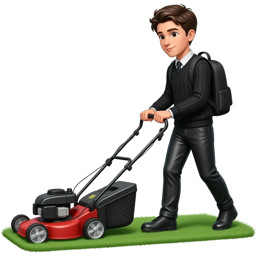 black leather pants, black sweater, black backpack, Gen Z boy mowing the lawn with a lawn mower emoji