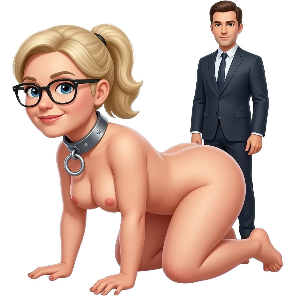 Frau 50 Jahre. brille. blond Pferdeschwanz gebundene Haare. nackt. Metall collar with O-Ring. Vierfüsslerstand. Mann steht hinter Ihr ihm suit emoji