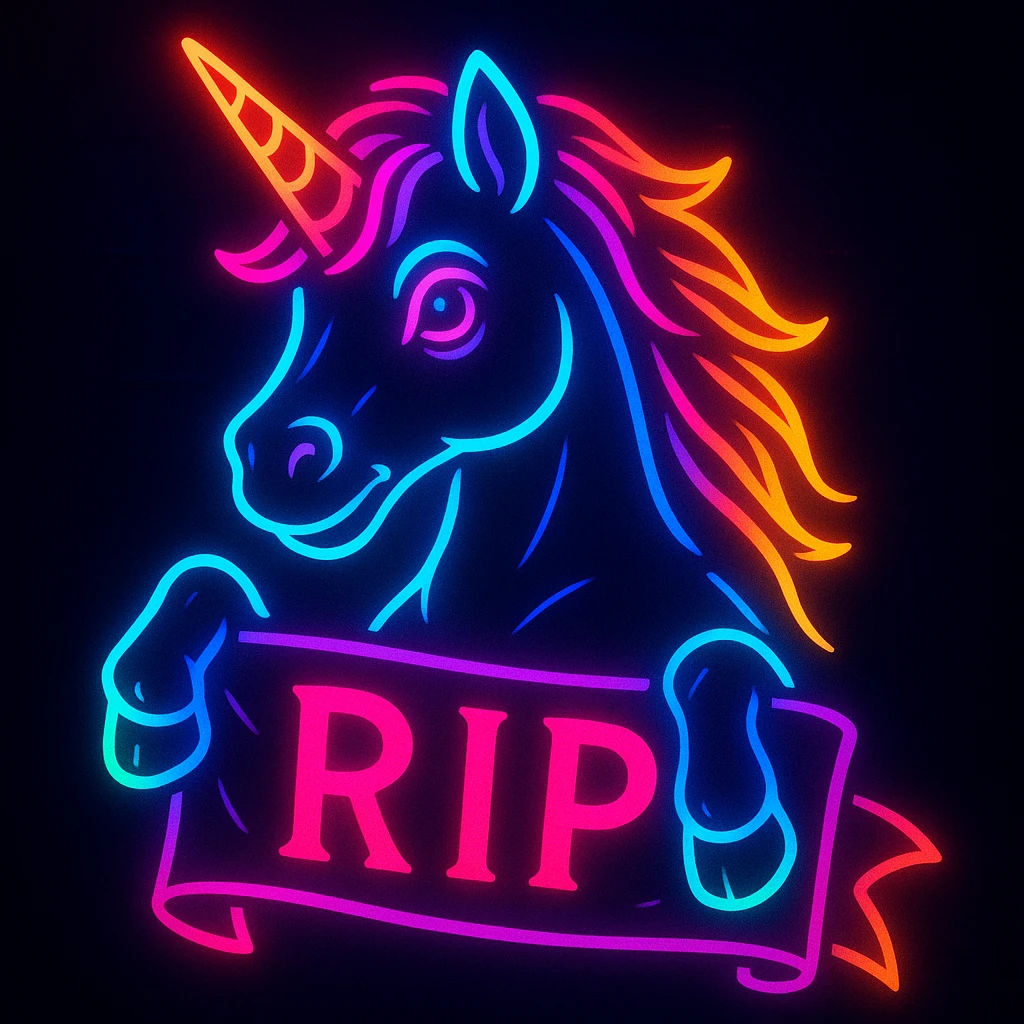 neon unicorn holding a RIP banner, glowing colors, bold and vibrant, dark background emoji