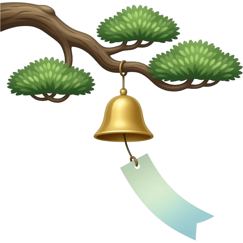 "A Japanese furin wind chime hanging from a bonsai tree branch. A single rectangular paper strip is attached below, moving softly with the wind. The paper changes color randomly each time. Minimalist scene, soft natural lighting, calm atmosphere, Japanese aesthetic." emoji
