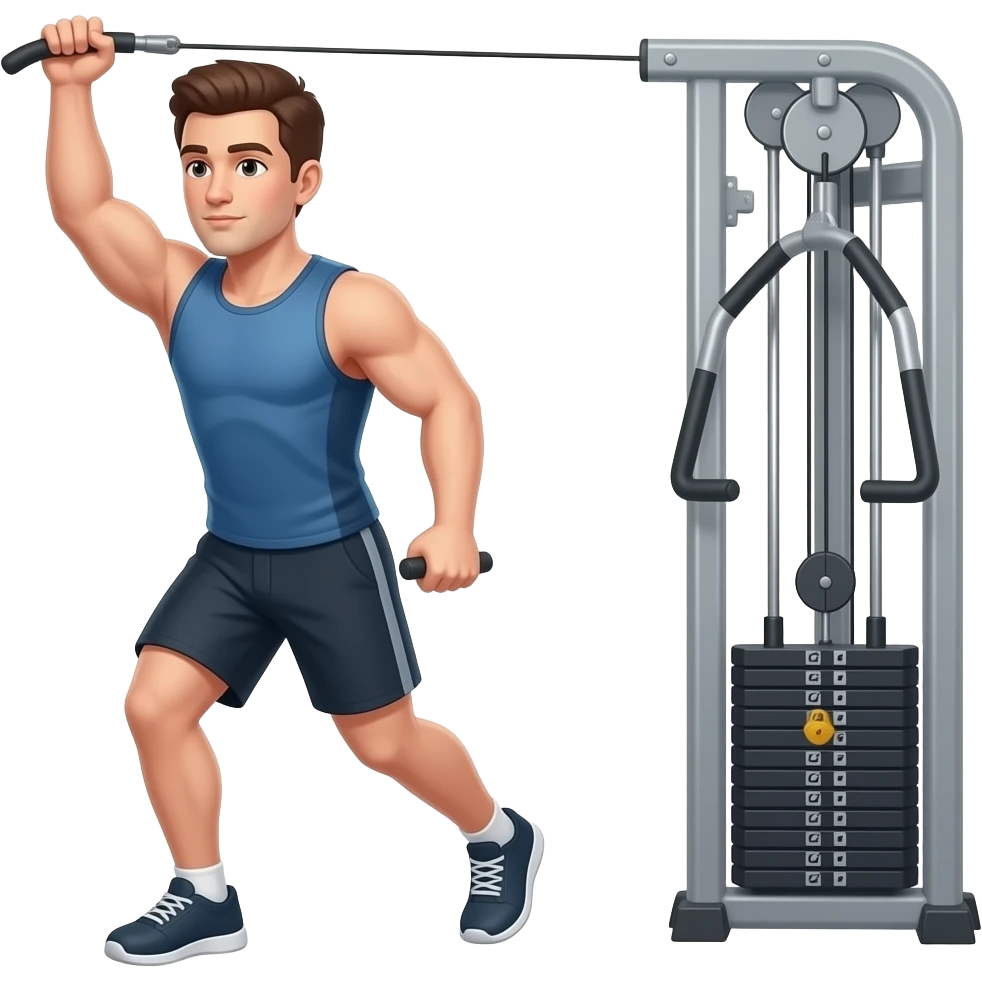guy workout in gym with cable machine standing cable in one hand bring fromground across body above head emoji
