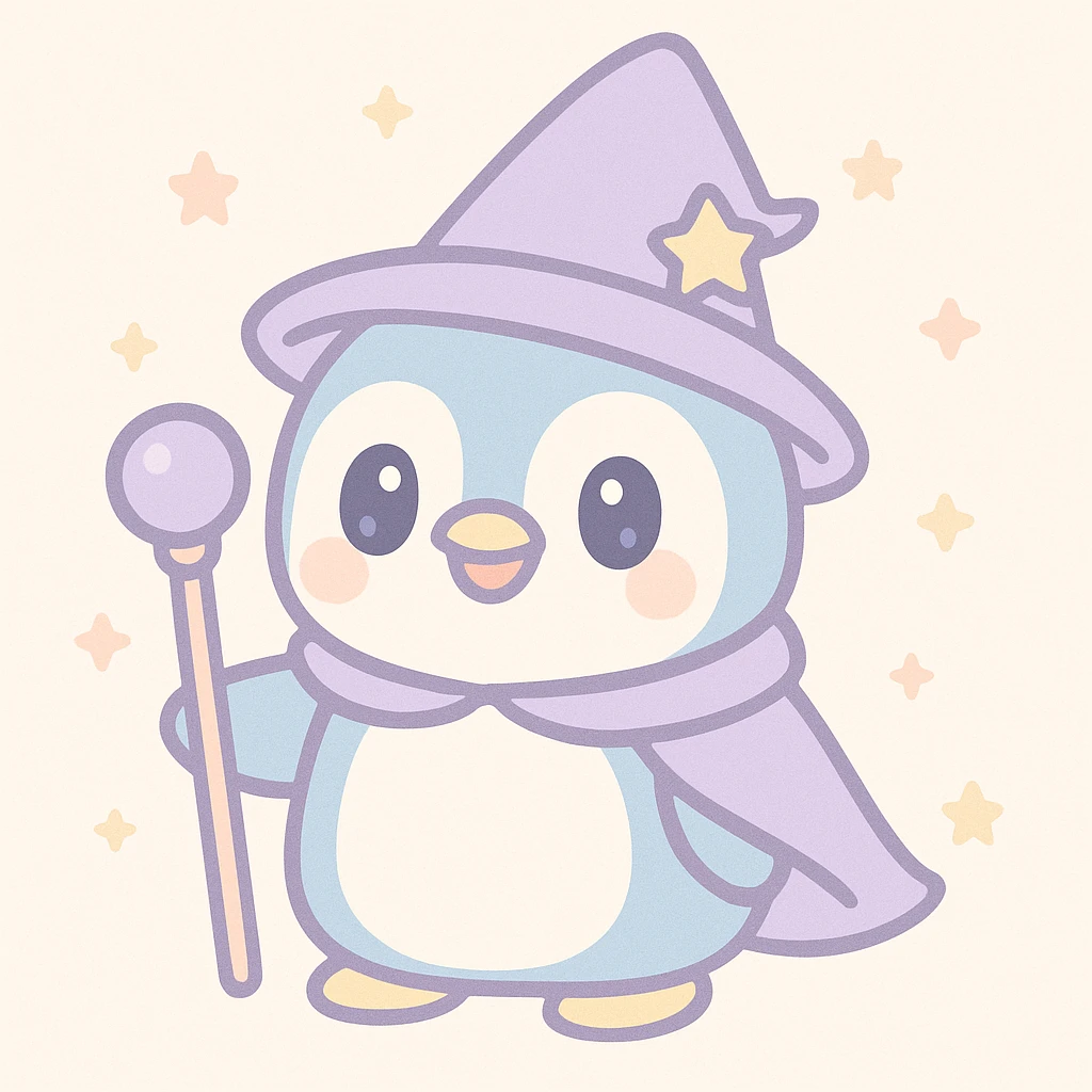 whimsical style penguin dressed as a wizard, wearing a pointed hat and holding a magic staff emoji