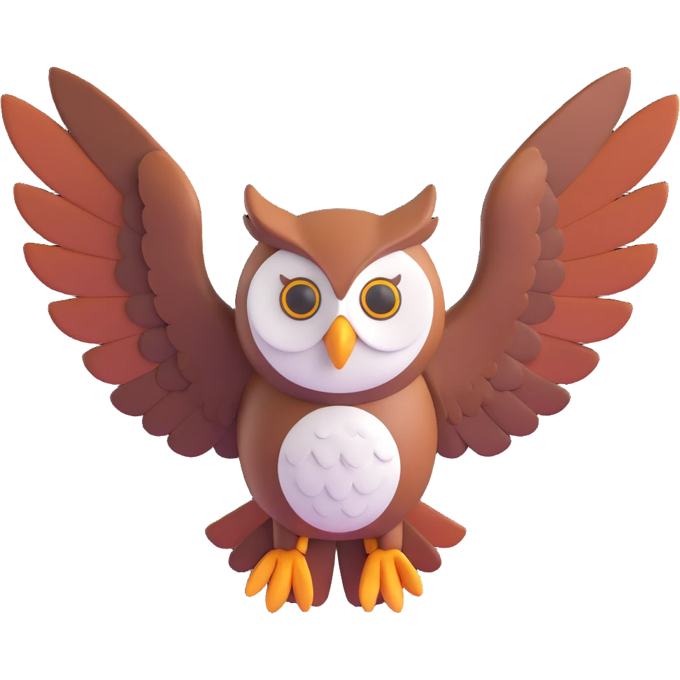 an owl in mid-flight, wings spread wide, energetic emoji
