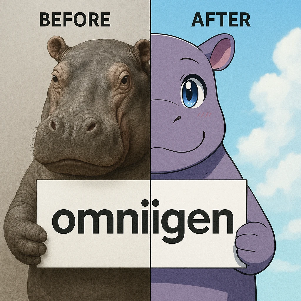 two hippo holding sign of omnigen, half picture 1 hippo is realistic another half is the anime of that same second hippo, with before after mark emoji