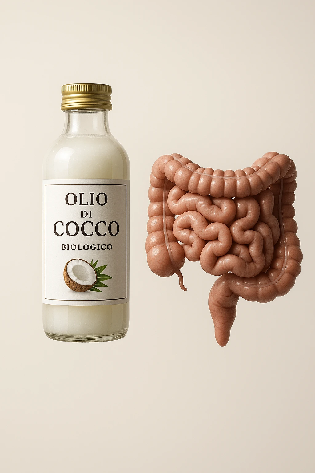 BOCCETTA DI OLIO DI COCCO BIOLOGICO (FAI UN ETICHETTA SUL PRODOTTO IN ITALIANO) CHE FLUTTUA IN ARIA INSIEME A UN INTESTINO UMANO ANATOMICO IN PERFETTA SALUTE, SFONDO CHIARO, iperrealistico 4k emoji