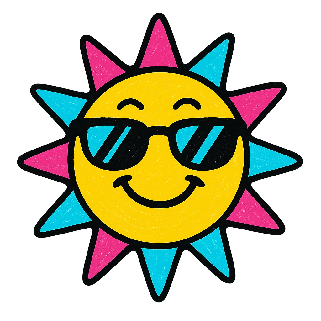 cheerful sun with sunglasses, bold outlines, vibrant palette, pop colors style emoji