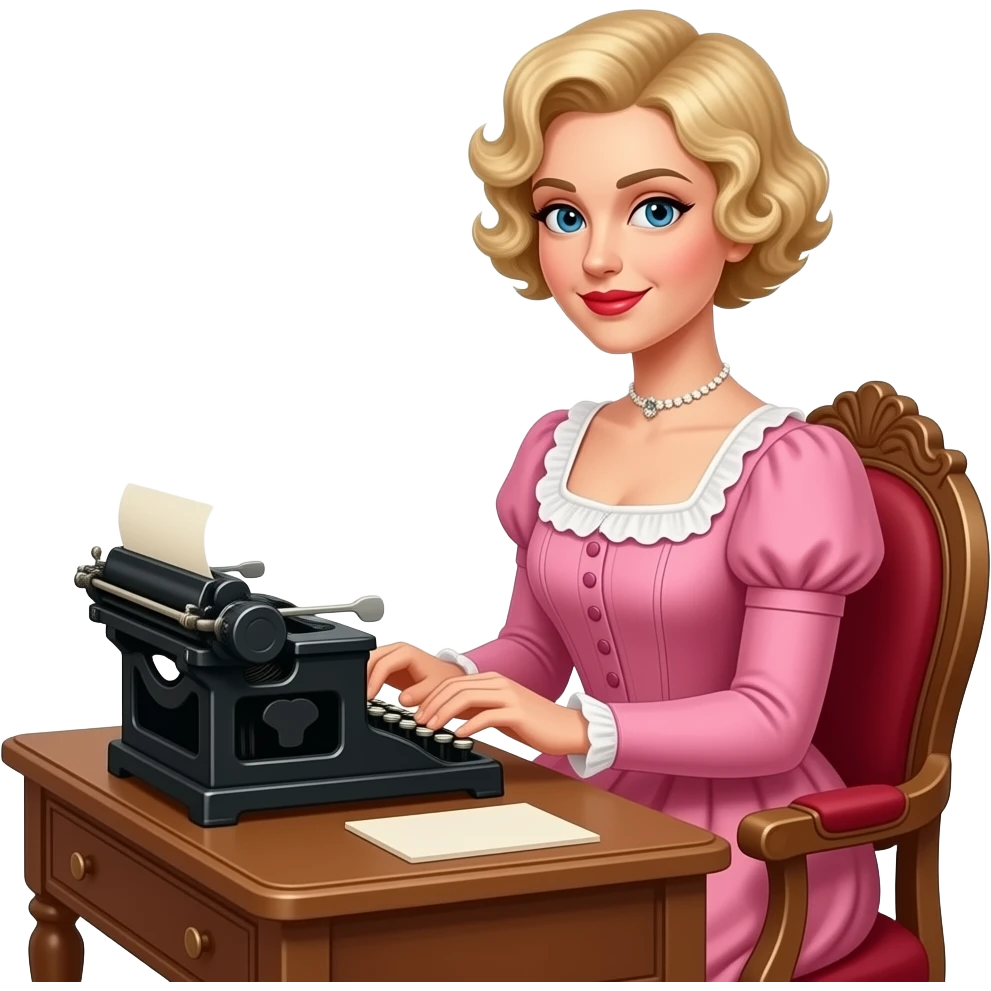 short blonde curly pixie bob hair in a 1800 pink outfit sitting down an antique desk, antique phone, and typing on an antique typewriter with red lipstick emoji