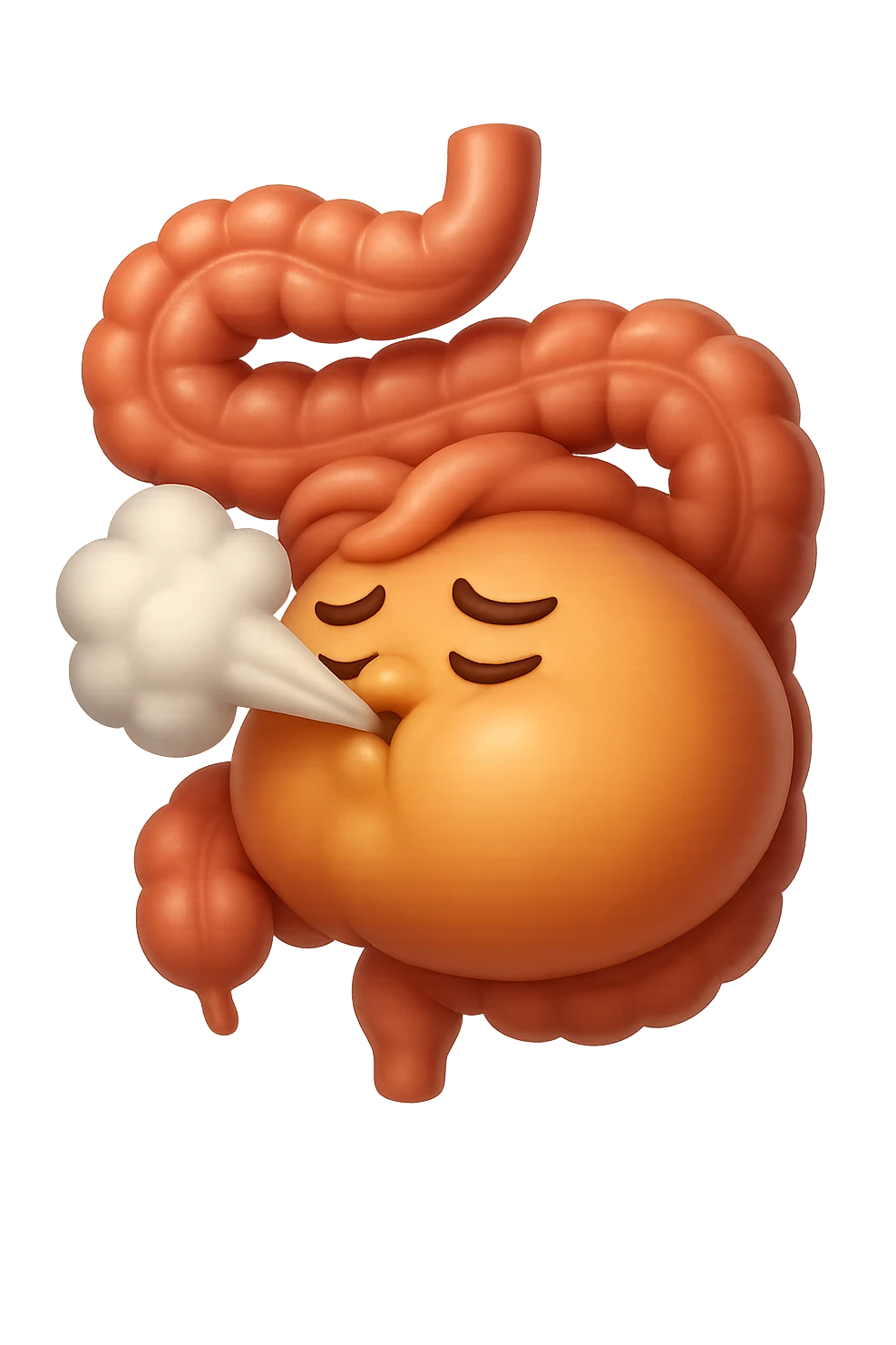emoji stile iphone di un intestino che ingoia una nuvoletta di aria ben visibile e gli si gonfia la pancia, non fargli il naso, iperrealistico 4k emoji