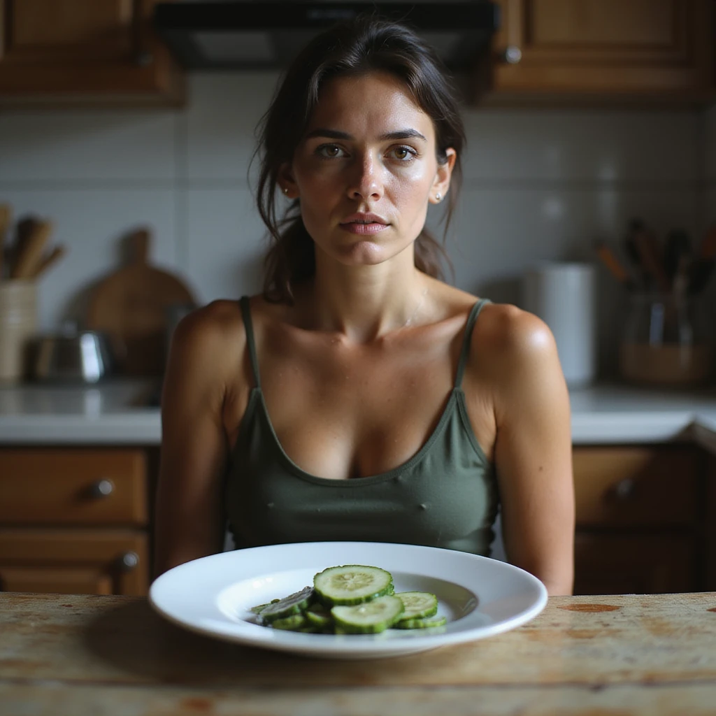 realistic style adult thin woman sitting in front of a plate with only a slice of cucumber, downcast expression, kitchen environment, atmosphere of food restriction emoji