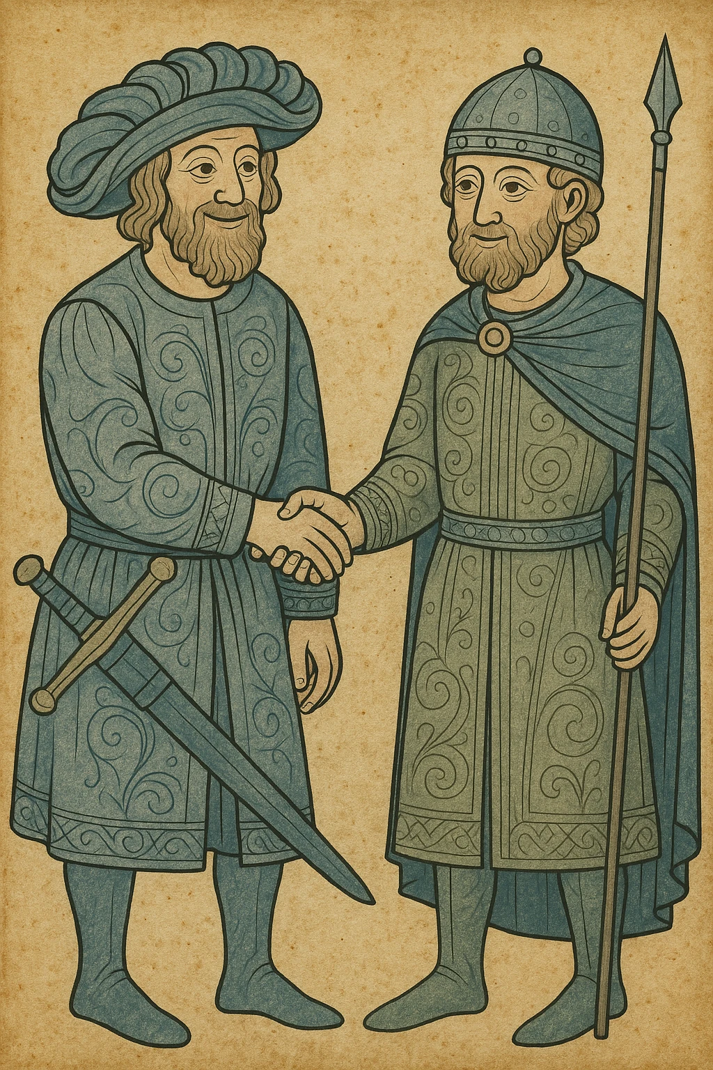 Veteran Landsknecht shaking hands with veteran Byzantine guard, both happy, scroll in the background, ceremony clothes emoji