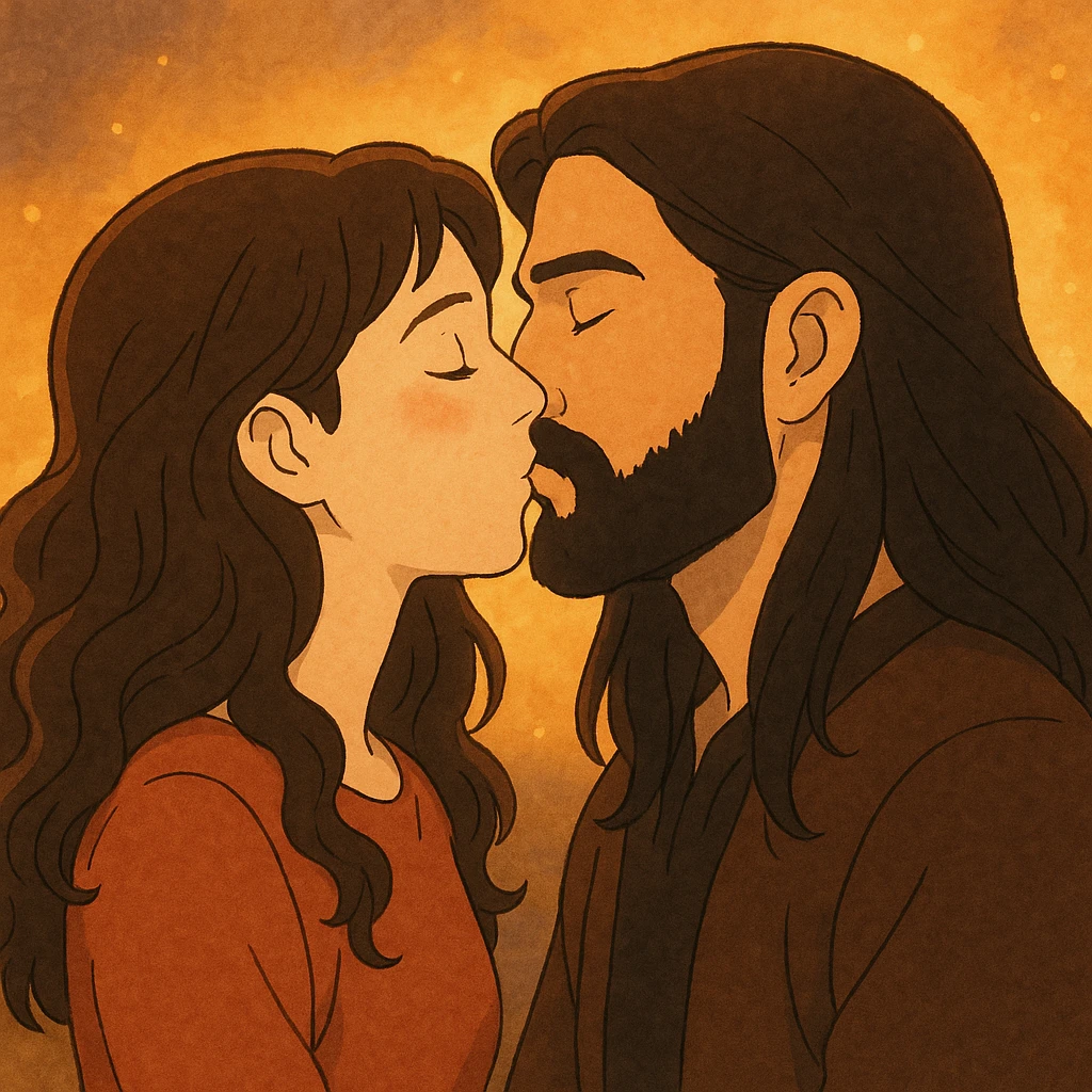 ghibli style of a white woman with long dark brown wavy hair and a white man with long hair and black beard kissing, warm light emoji