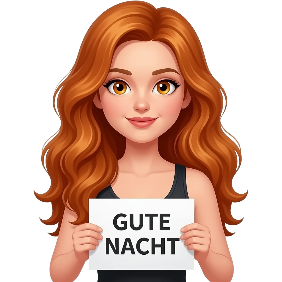 sexy girl with long wavy ginger hair and ginger eyes wearing a black tanktop is holding a white colored sign with GUTE NACHT written on it emoji