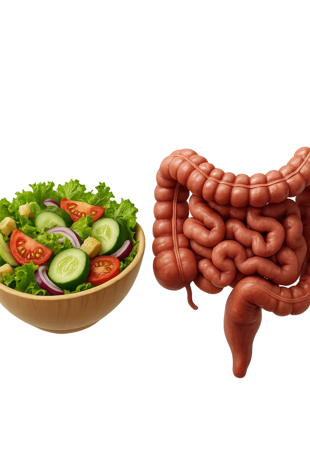 bowl di insalata fluttua in aria insieme ad intestino umano anatomico realistico, IPERREALISTICO 4K emoji