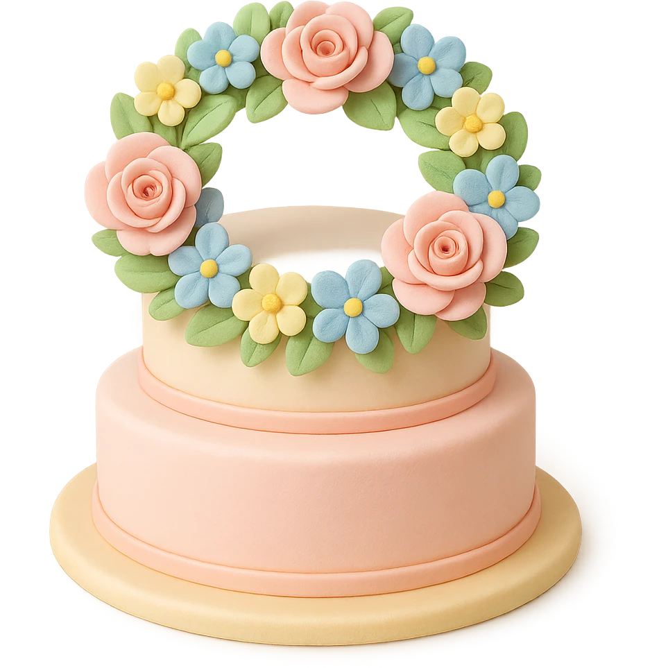 tiered fondant cake with floral wreath emoji