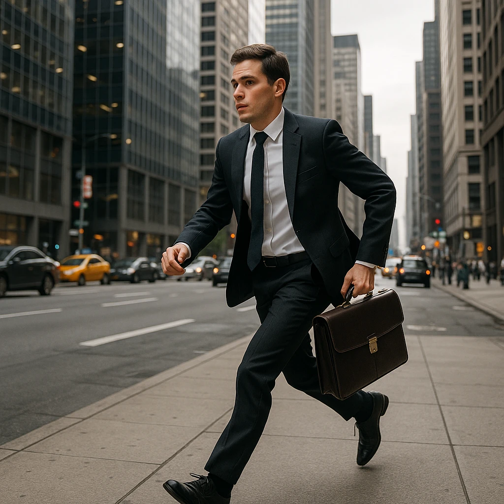 a man with a briefcase, hurrying along a sidewalk, city in the background emoji