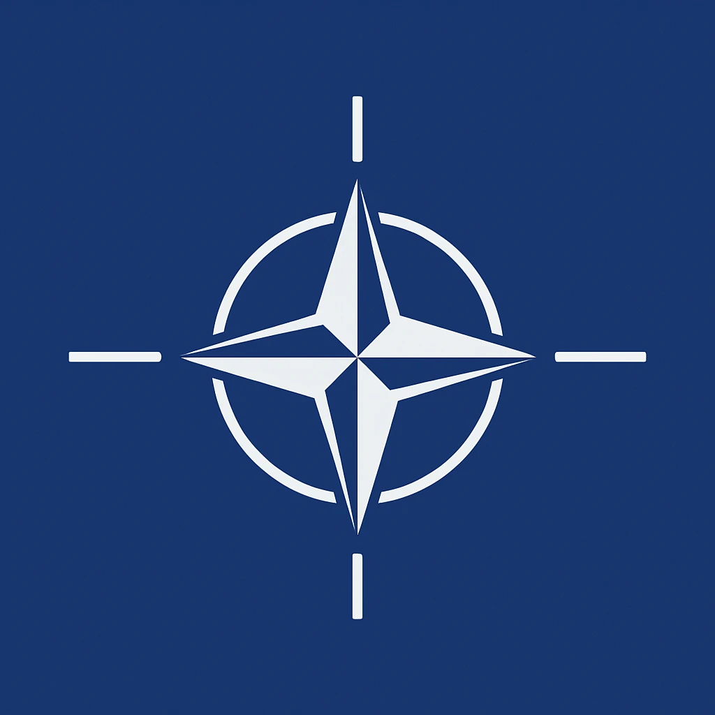NATO flag with deep blue background and white compass rose emblem in the center, simple and iconic, 2D flat design, no 3D effects, no text emoji
