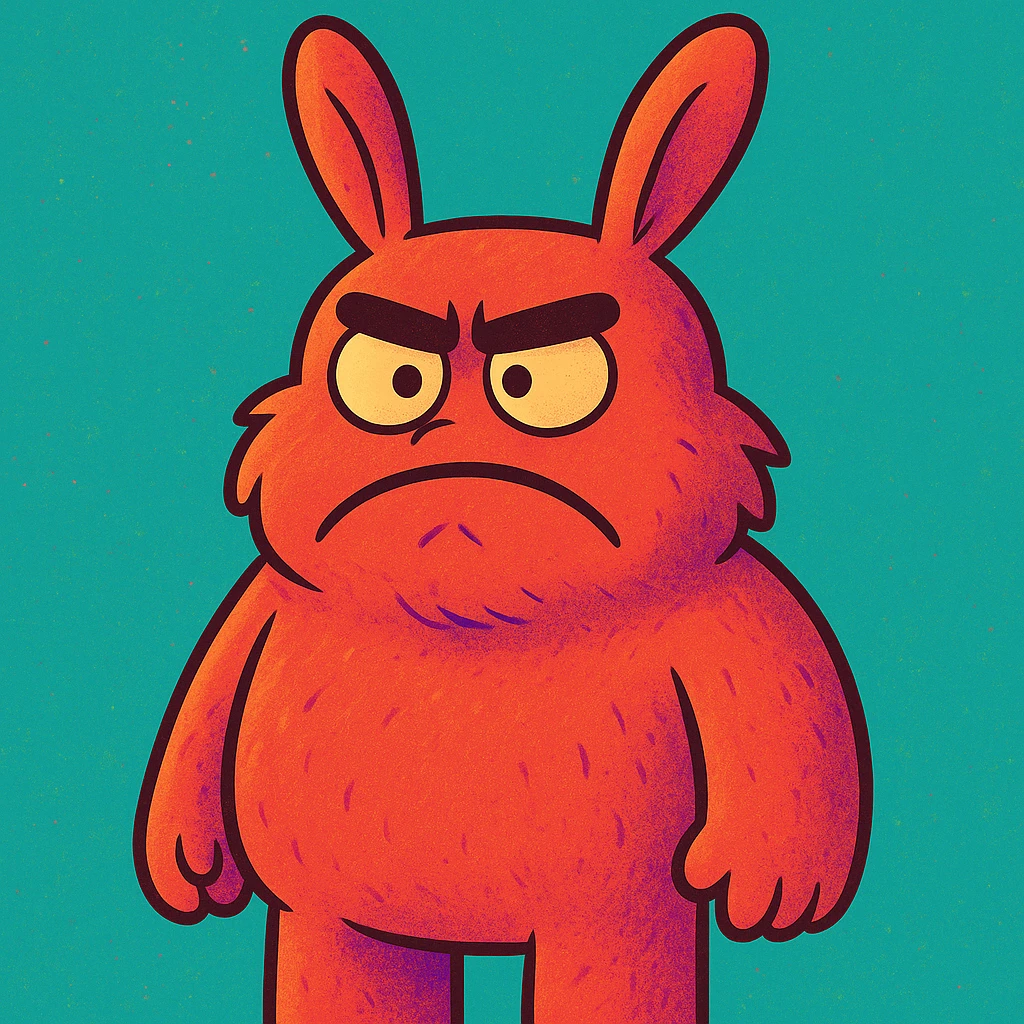 Close the monster's mouth, furrow the nonexistent eyebrows to express anger, add fur on the body, keep the cartoon style, rabbit ears, nine teeth not visible. Render in a colorful cartoon style. emoji