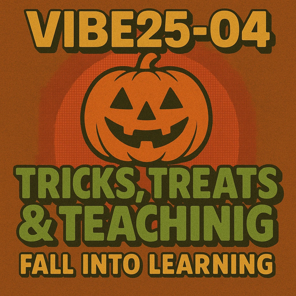 Create a logo that encompasses a retro 80's feel, nostalgic, ALSO RETRO.  Add the words "VIBE25-04: Tricks, Treats & Teaching: Fall Into Learning" emoji