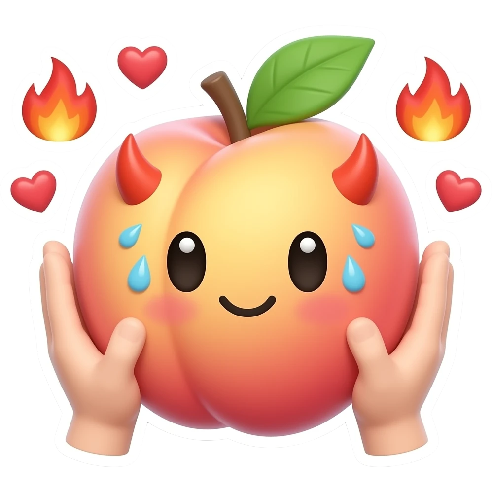 A glossy 3D peach emoji sticker between two cute cartoon hands, cheeky blushing face, tiny devil horns, sweat drops, hearts and flames, playful forbidden fruit humor, suggestive adult emoji style, clean transparent background, soft shadow, high quality, no text, no watermark, non-explicit emoji