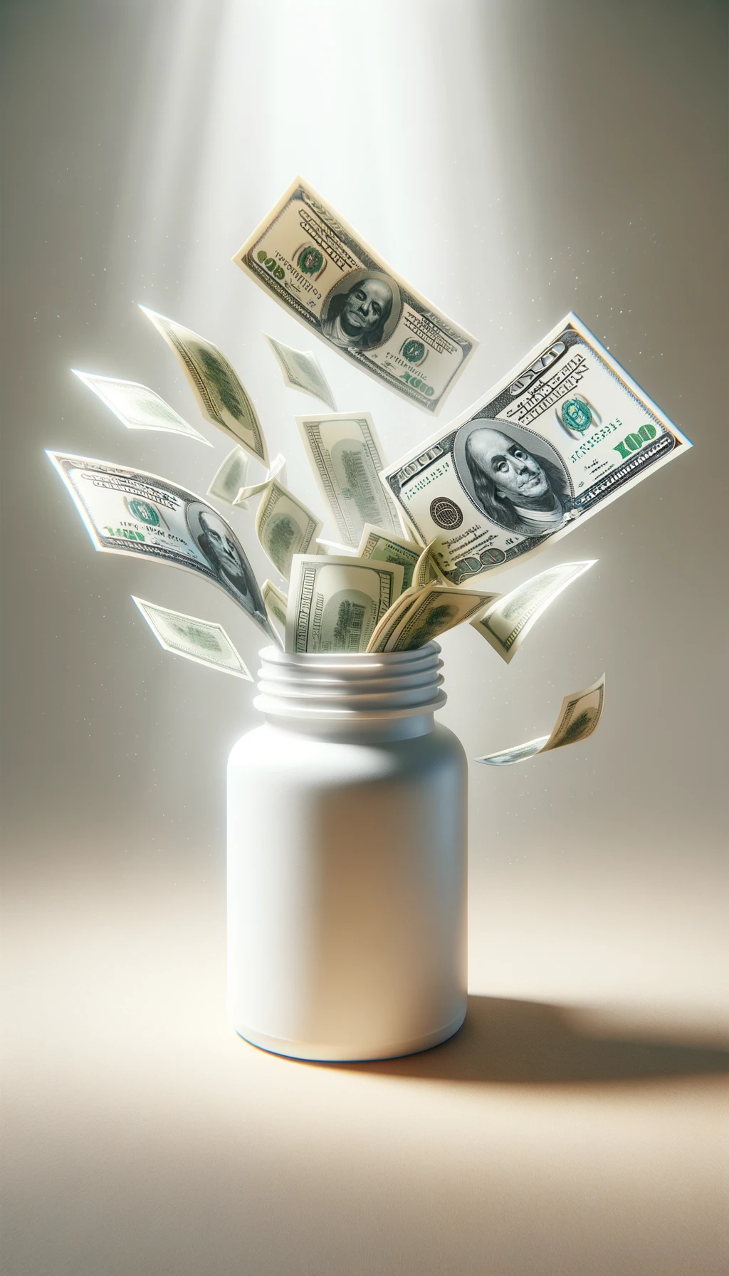boccetta di integratore fluttua in aria, dalla boccetta aperta escono delle banconote, sfondo neutro chiaro, iperrealistico 4k emoji