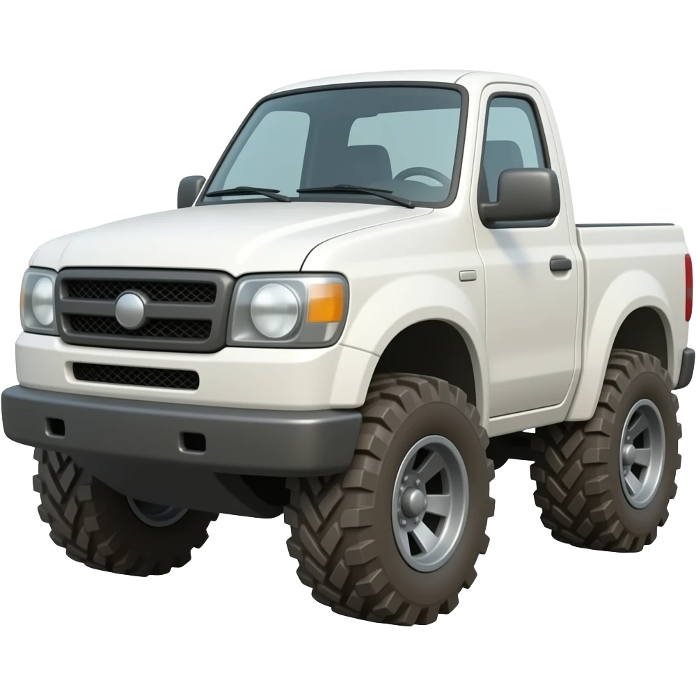Design a high-quality 3D emoji-style illustration of a white mini-pickup truck (dabbab). Make it look rugged with chunky sand tires, simple clean lines, and a white background so it looks like a sticker emoji