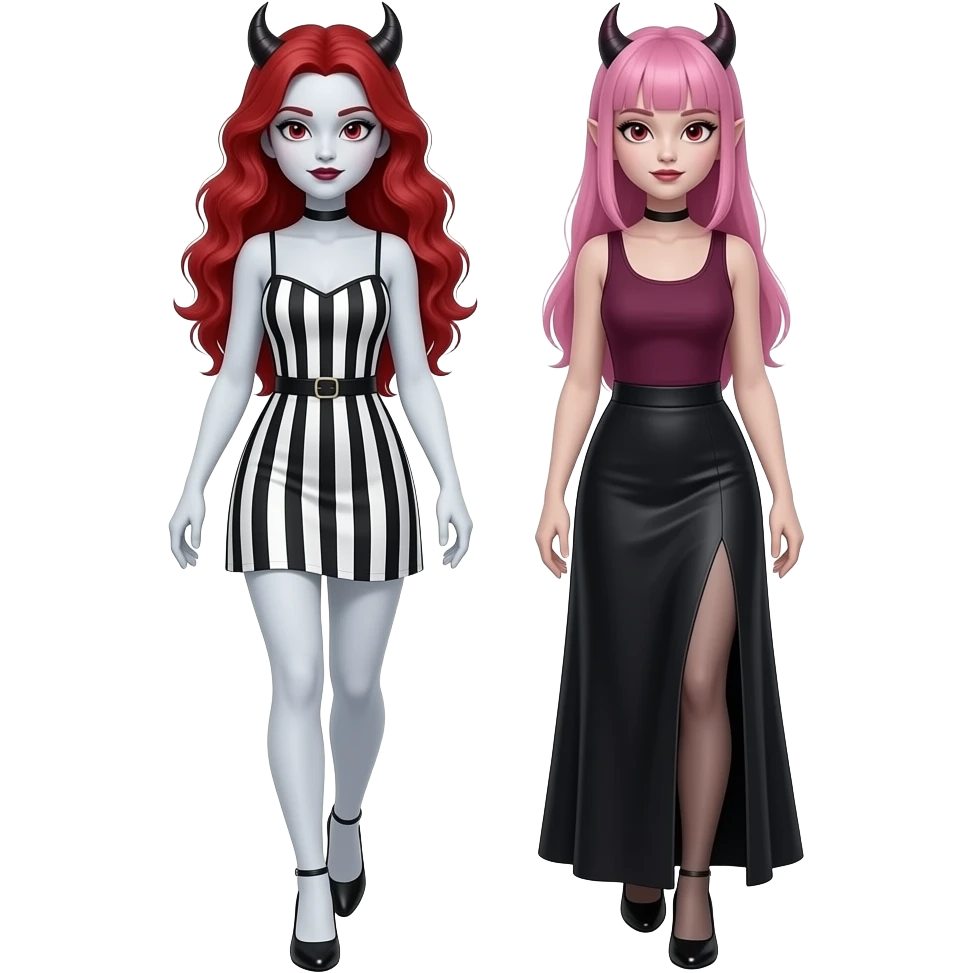 Vampiro femmina ADOLESCENTE con pelle bianca e capelli rosso ondulati lunghi che indossa un tubino a strisce nere e bianche e dei tacchi neri che cammina insieme alla sua amica VAMPIRO femmina che ha i capelli rosa e frangia la gonna lunga e il top-canottiera emoji