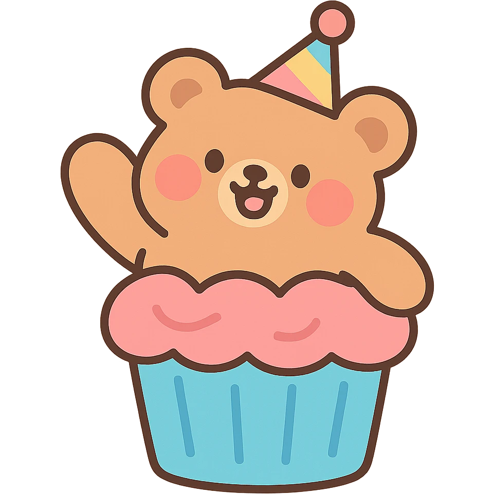 fluffy bear popping out of a cupcake, wearing a party hat, pastel-toon style emoji