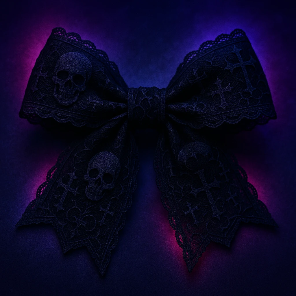 gothic style bow, black lace, dark elegant, subtle skull or cross motif, moody atmosphere, neon goth palette emoji
