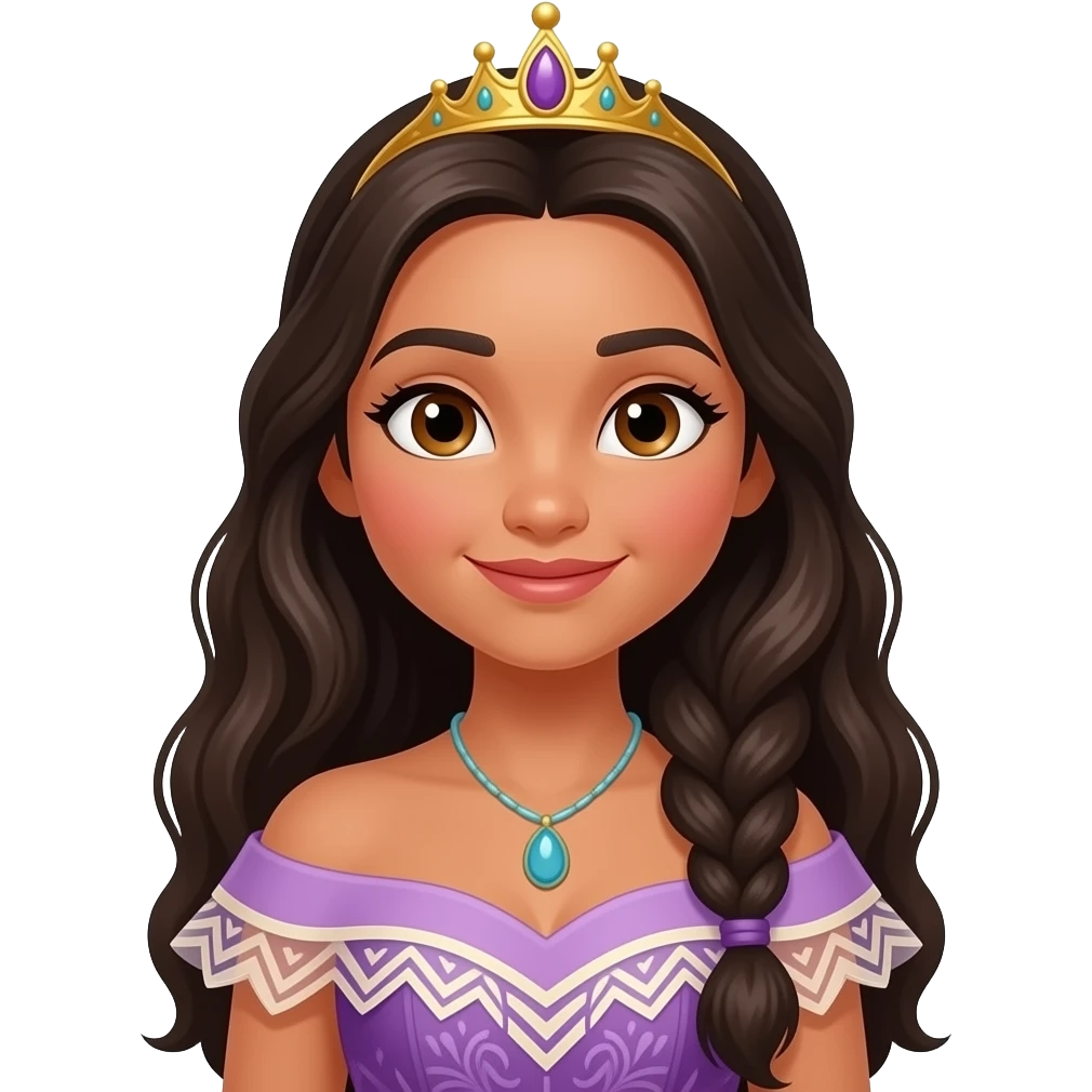 princess moana with belles hair style and a braid, with a purple and white and golddress pocahontus style no necalace, brown eyes with a small gold tiara emoji