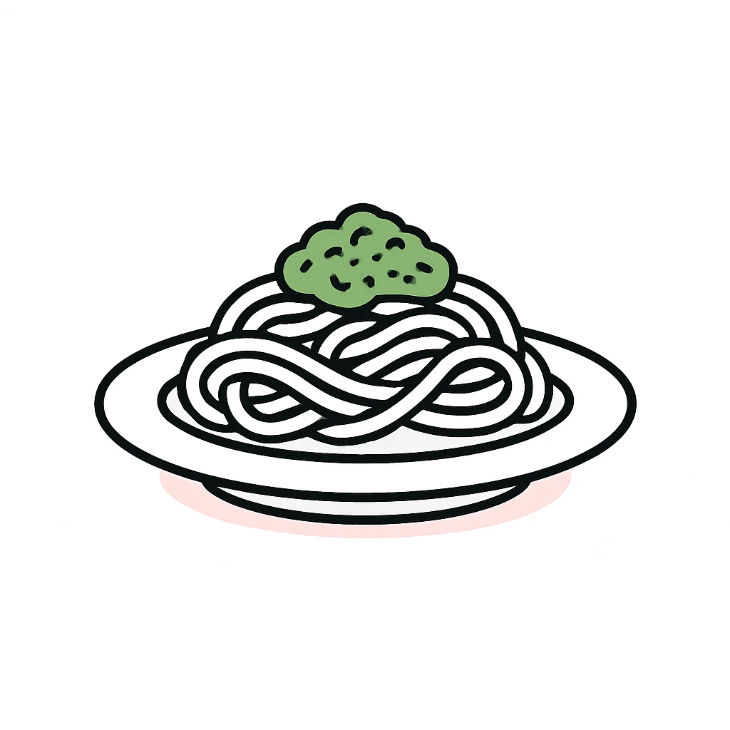 a plate of spaghetti with green pesto sauce, simple, minimal style emoji