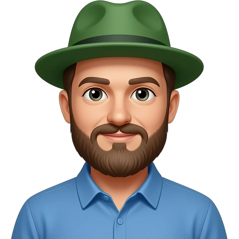 man with beared and wear green hat wear blue shirt half body close up emoji