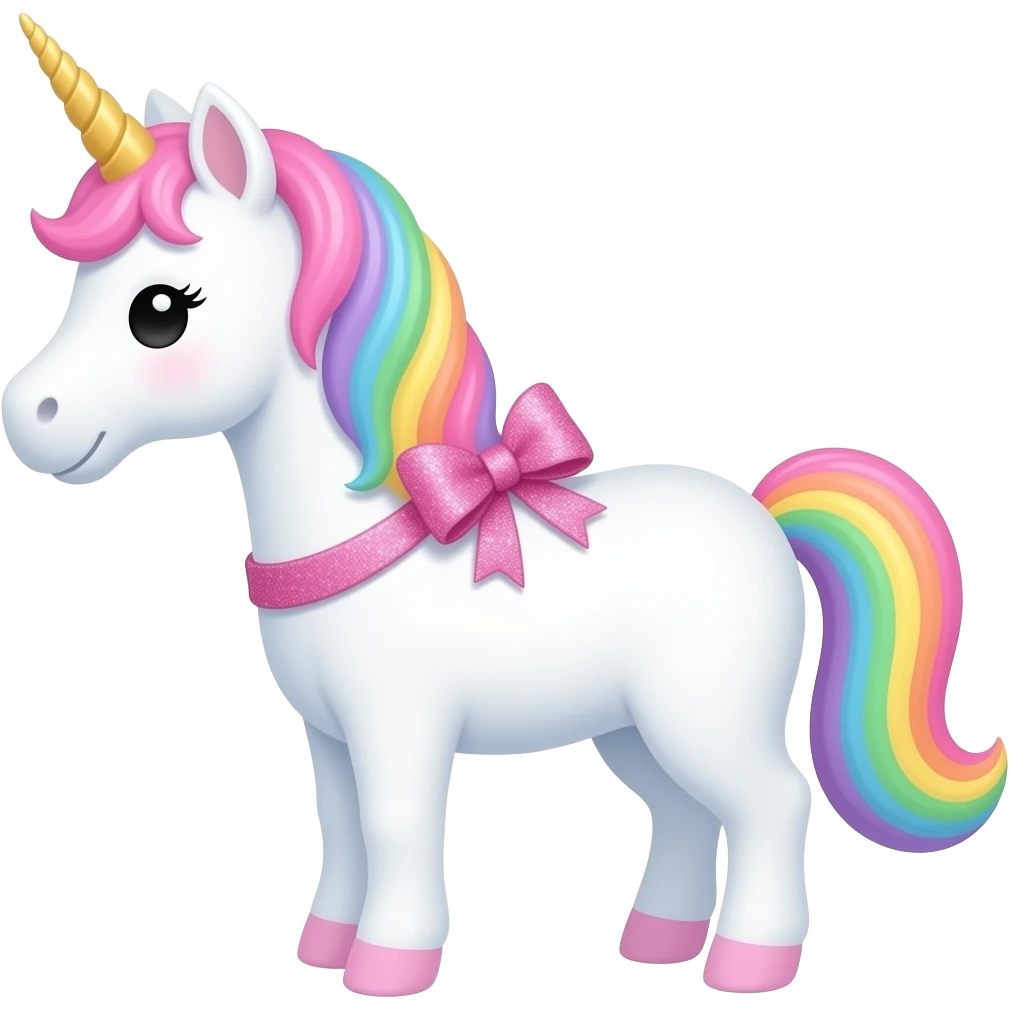 A rainbow white and pink unicorn wearing a glitter bow on a pastel rainbow emoji