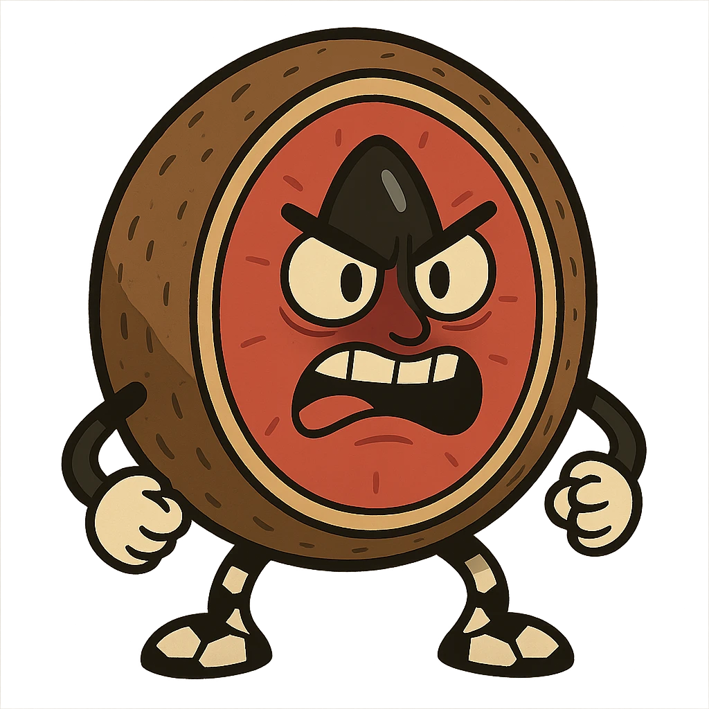 mamey illustrated as a soccer ball, rough brown shell, intense red pulp, black seed, cartoon style emoji