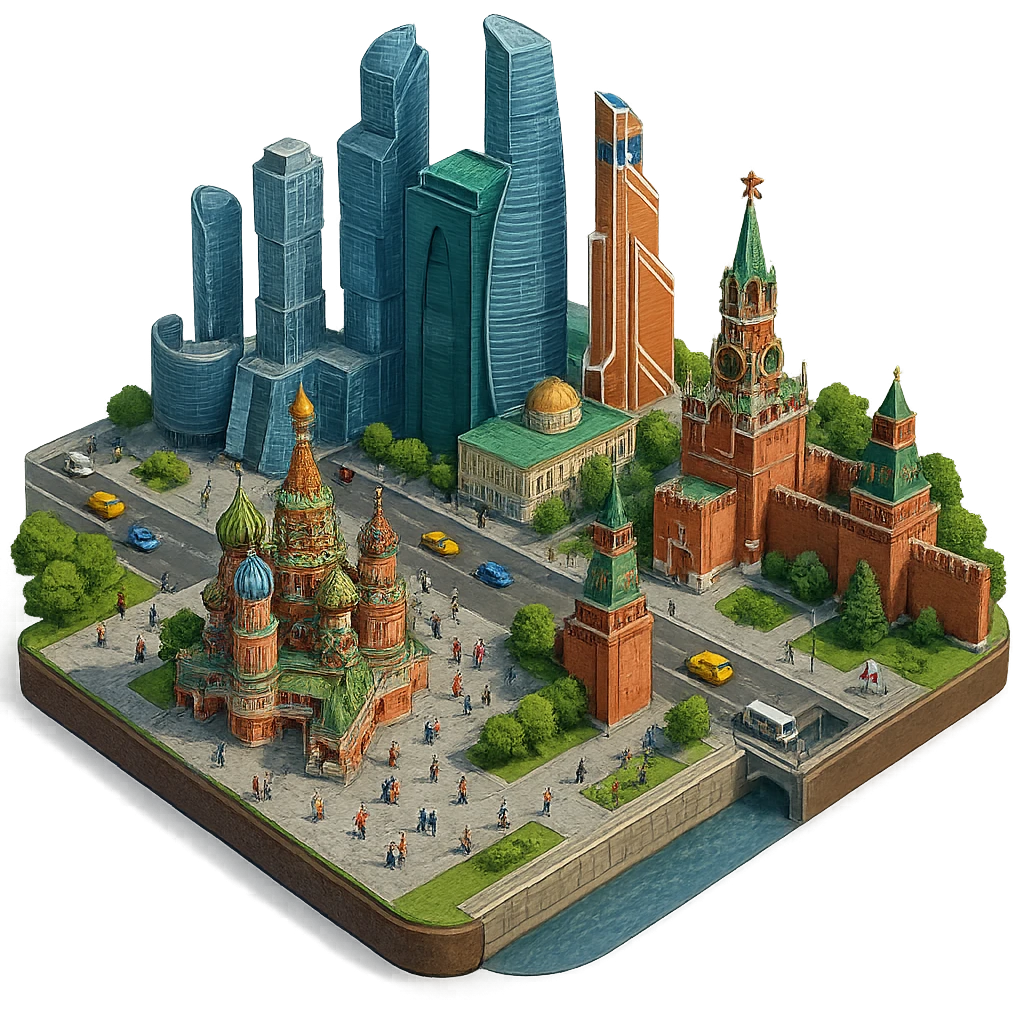 Изометричная миниатюрная фотореалистичная 3D модель Москвы на подставке - Кремль, собор Василия Блаженного, фотореалистичные Башни Москва-Сити, аккуратная детализация, четкие линии, яркие цвета, мультяшный реализм, гуляют люди и современный автотранспорт и метро, компактная композиция, вид сверху в изометрии, прозрачный фон emoji