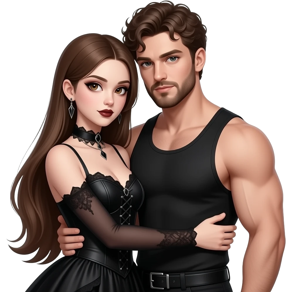realistic sexy pale skin long straight brown hair girl brown eyes long face wearing gothic dress and gothic makeup HD and her muscular man short brown curly hair and beard hugging emoji