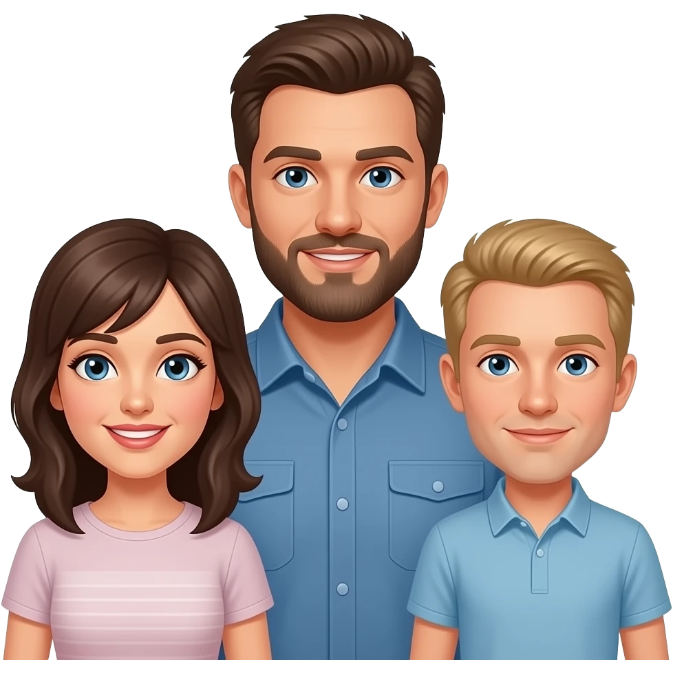 Une femme chatain, un homme brun et barbu, un homme un peu plus petit blond emoji