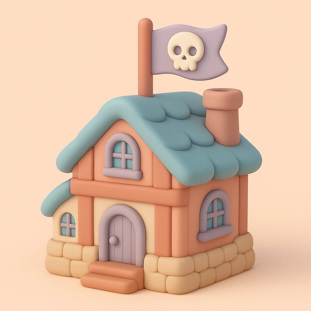 old pirate's house with skull flag emoji