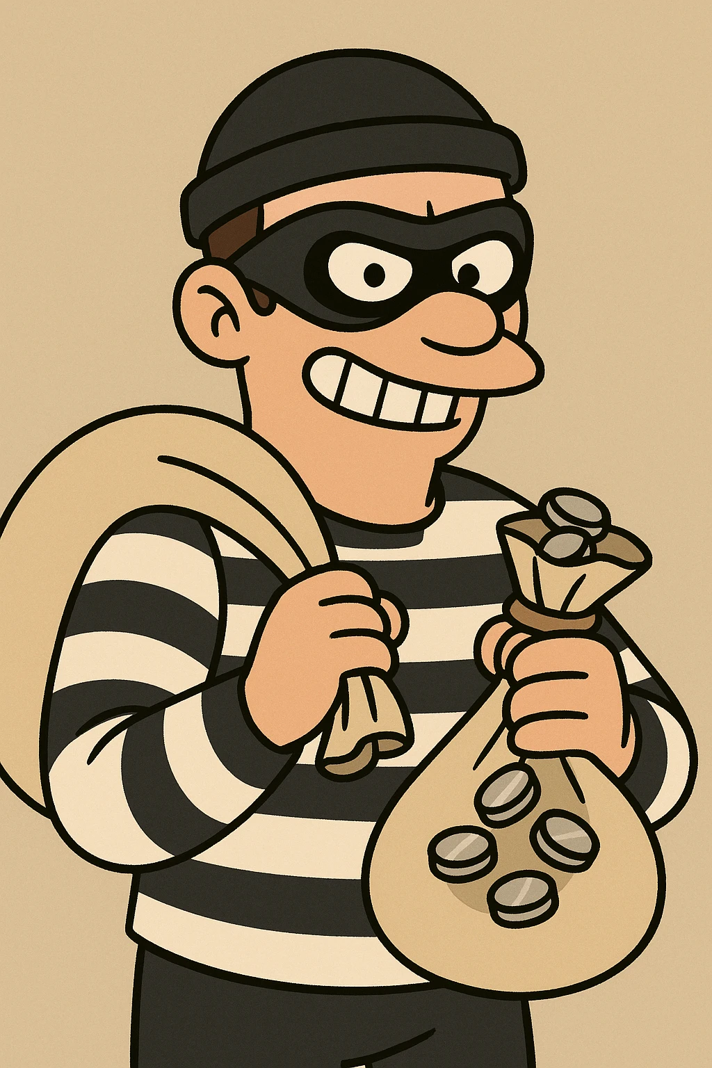 classic thief with stripes holding a bag of silver coins, cartoon style emoji
