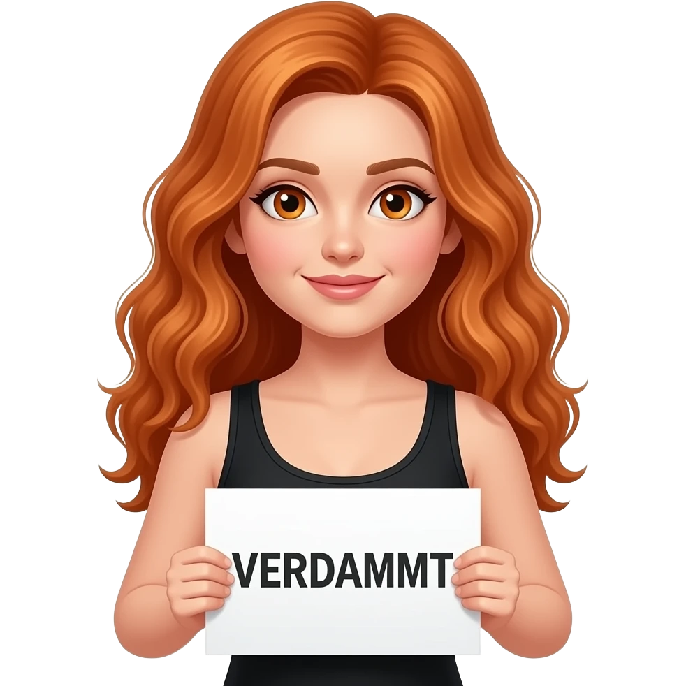 sexy girl with long wavy ginger hair and ginger eyes wearing a black tanktop is holding a white sign with VERDAMMT written on it emoji