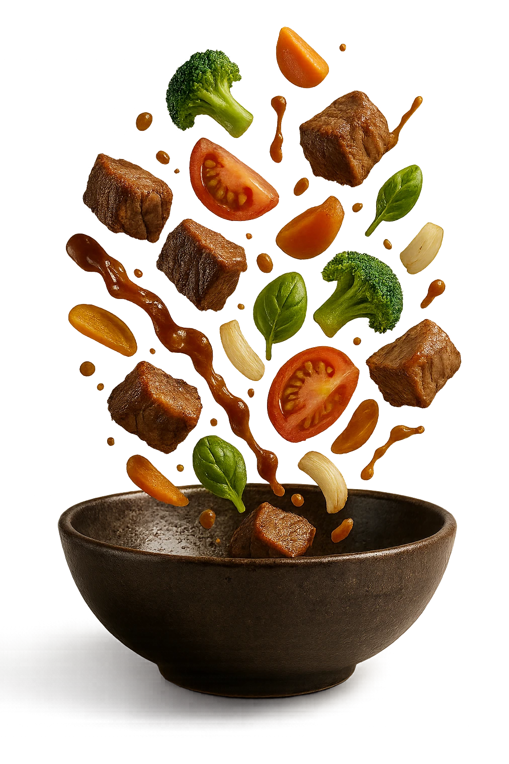 bowl in cui cade cibo da ristorante, iperrealistico 4k emoji
