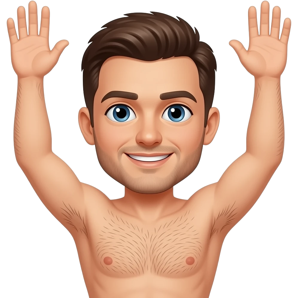 A guy with no shirt on with his arms up having hairy armpits with a heart in the armpit emoji
