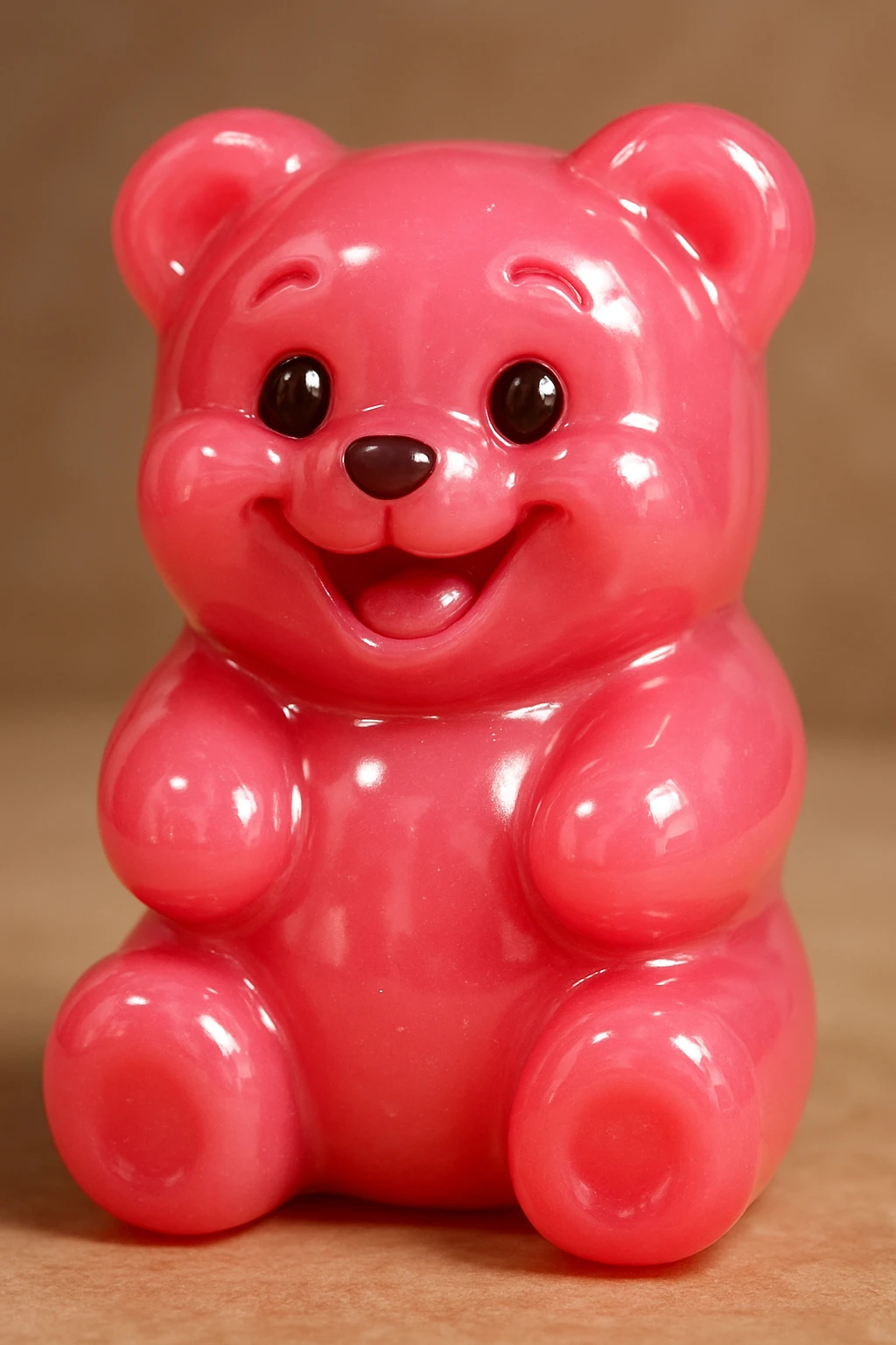 a pink gummy bear, glossy and squishy, with a playful expression emoji