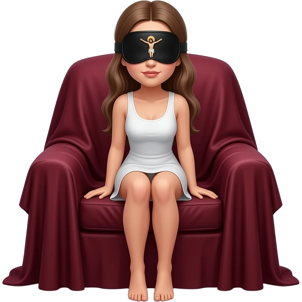 The female realistic skinny  figure is in a crouching on the armchair covered with heavy bordo fabric. The most prominent detail is the black eye mask with a small figurine of the crucified Jesus sewn between the eyes emoji
