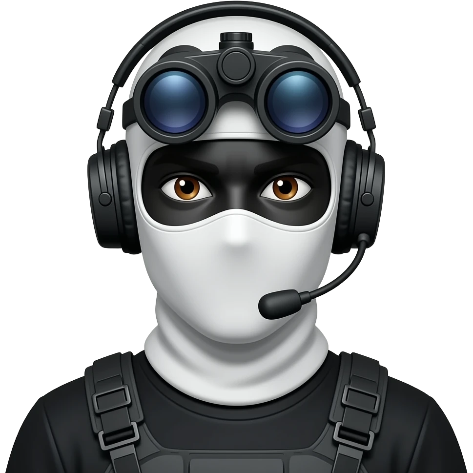man with brown eyes wearing black clothes, face total painted black and a whiteblack balaclava and wears a headset and a big black night vision device on his headtop emoji