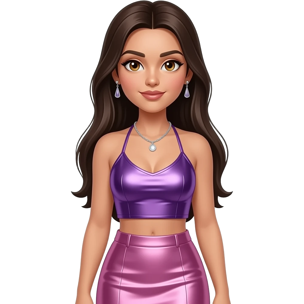 Jessica Sutta with hazel eyes, long dark brown straight hair, purple metallic halter crop top, pink metallic long skirt, necklace and earrings emoji